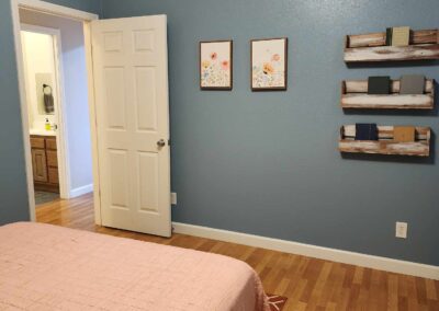 blue wall with shelves, paintings, and books. pink bed and wooden floor