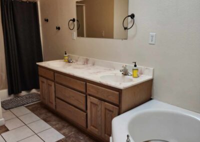 Bathroom with mirror, sink and countertop, tub, and shower with curtain