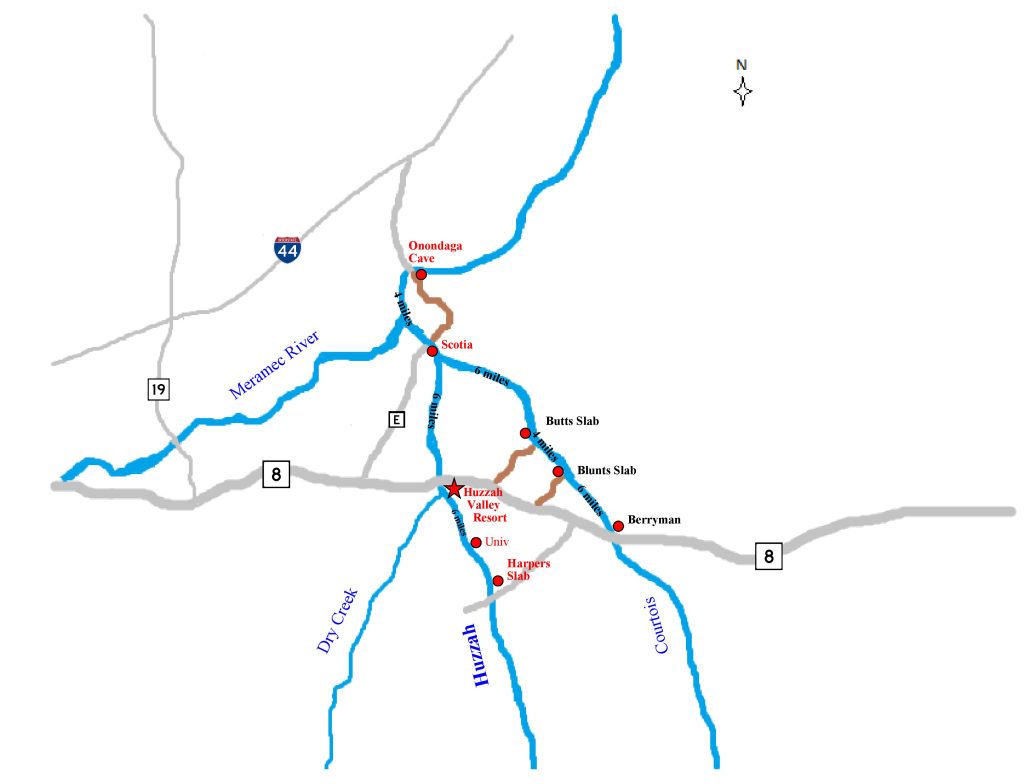 A simplified map shows several labeled blue rivers with intersecting gray roads. Key locations marked with red dots include Onondaga Cave, Scotia, Bass's Slab, and several other sites. Highways 8, 19, and 44, and various creeks are also labeled. The map has a north arrow.